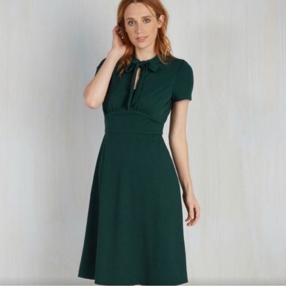 ModCloth Dark Green Tie-Neck Fit-and-Flare Dress